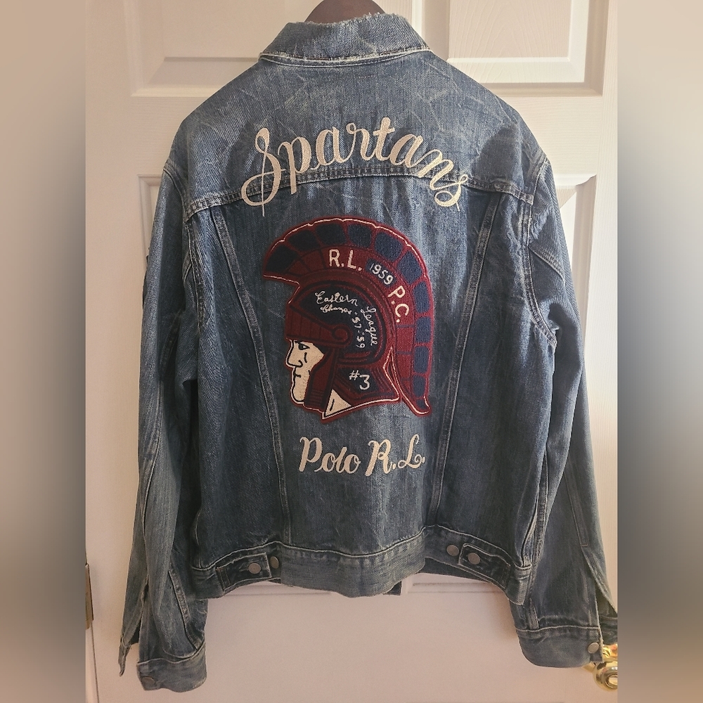 RALPH LAUREN POLO SPARTAN DENIM JACKET XL PATCH JEAN 67 RARE FOOTBALL VARSITY